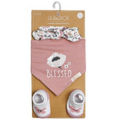 Wholesale - 3 Piece Mauve and Floral with "Blessed" Set: Headband, Bandana Bib, and Pairs of Socks C/P 36, UPC: 195010086141